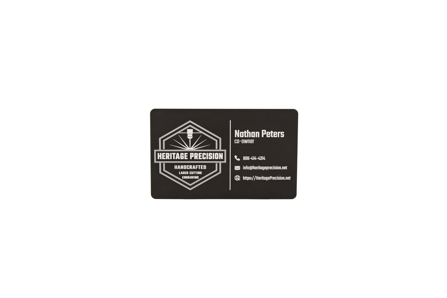 Black business card with white text